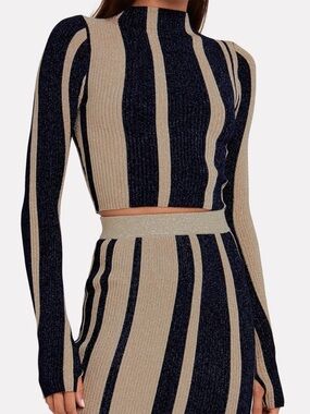 Self-Portrait Metallic Knit Navy & Metallic Striped Crop Knit Jumper Size Small